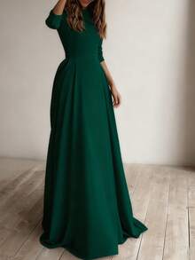 Solid Color Elegant Knit Fabric Zipper Pleated Wedding - Dark Green - View 4