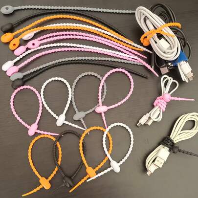 50件/20件/10件/5件手机线整理器耳机夹充电器线管理线收纳夹数据线绕线器带彩色硅胶扎带可重复使用（颜色随机）