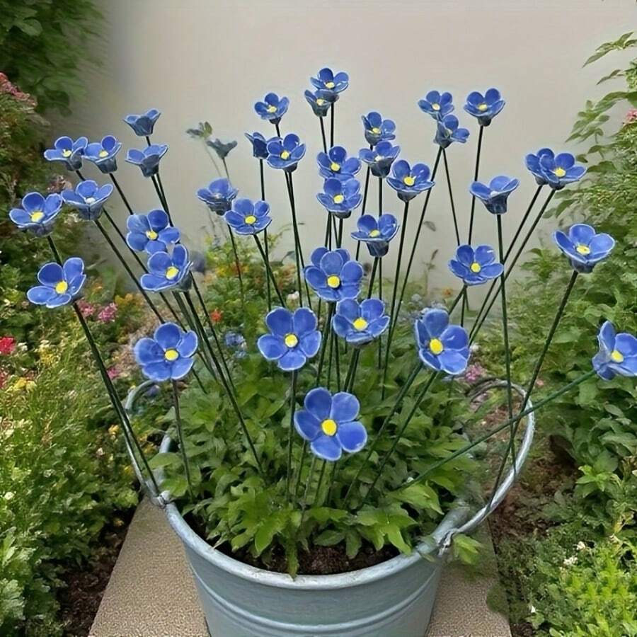 12/6pcs Handmade Ceramic Forget-Me-Not Flowers, "Blue Love" Series, Crafted With Expertise, Non-Fading, Timeless Home Decor, Suitable For Indoor And Outdoor Use - Perfect Gift For Valentine's Day, Christmas, Mother's Day, Also Ideal For Holiday Decoration, Indoor Decor, And Artistic Home Arrangement. - 藍色 - 查看 1