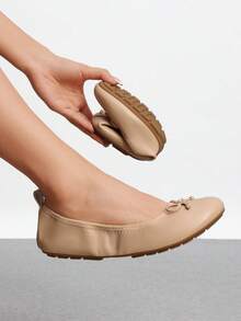 Women Nude Bow Knot Flats Slip On Ballet Flats Round Toe Foldable Comfortable Soft Lightweight Travel Vacation Dress Flats Shoes - 米色 - 查看 3