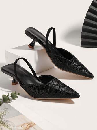 Women's Solid Color Pleated Kitten Heel Shoes, Elegant Pointed Toe High Heels, Fashionable Ankle Strap Open Toe High Heels (Random Cut)