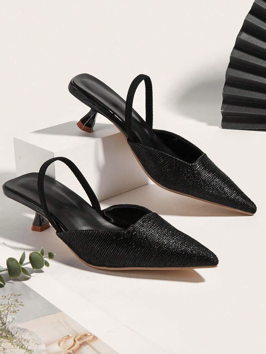 女士纯色褶皱猫跟鞋，优雅尖头高跟鞋，时尚踝带高跟鞋（随机裁剪）