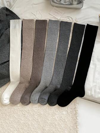 ถุงเท้ายาวเหนือเข่าสำหรับผู้หญิง 1 คู่, อุ่น, อเนกประสงค์, สีพื้น, สไตล์มินิมอล, เหมาะสำหรับใส่ในชีวิตประจำวัน, ฤดูใบไม้ร่วง/ฤดูหนาว
