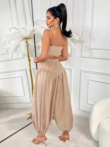 AIJ Amarilo休闲度假性感可调节吊带背心，饰有扭结细节，搭配宽松可调节阔腿裤，带口袋，夏季款 - 卡其色 - 查看 2