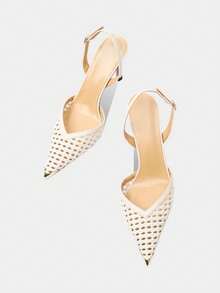 Giày cao gót lưới rỗng phong cách Âu Mỹ, quai mắt cá chân bằng kim loại thoáng khí, mũi nhọn, quai đan cho nữ - Màu be - Xem 3