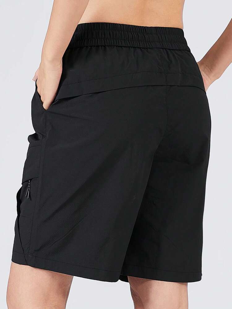 女士夏季速干运动短裤，UPF防晒户外工装短裤，带抽绳腰带和拉链口袋，舒适的运动跑步短裤，适合日常休闲运动 - 黑色 - 查看 2