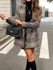 1 件格子梭织面料双口袋女士羊毛大衣，适合秋冬 - 卡其色 - 查看 5