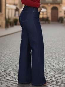 Wide Leg Women's Pants, Marbled Pattern, Wide Leg, High Waist, Thick Fabric, 100% Denim - Rửa tối - Xem 2