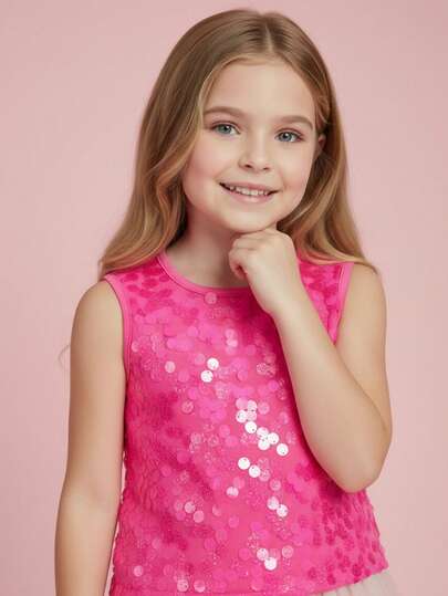 Barbie Blusa sin mangas con lentejuelas fucsia para niña