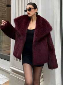 女士仿皮草外套，酒红色长袖大衣，秋冬款 - 紅色 - 查看 4