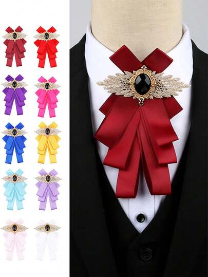 Classic Versatile Bow Tie, Faux Crystal Studded Collegiate Style Bow Tie, Unisex Youth Party, Holiday And Wedding Lapel Flower Brooch