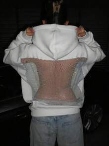 2025 Autumn-Winter New Women's Fashion Solid Color Backless Openwork Mesh Hooded Sweatshirt, Casual Fashion Long-Sleeved Sweatshirt, Christmas And Halloween Gift - trắng - Xem 1