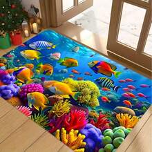 1 pieza Alfombra de baño con diseño de vida marina vibrante - Alfombra de poliéster antideslizante y de fácil limpieza con diseño de arrecife de coral y peces tropicales coloridos, adecuada para la decoración de la sala de estar, dormitorio, cocina, oficina y baño