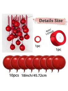 10pcs Red 4D Balloons, 18 Inches, With Red Polyester Ribbon, With Masking Paper, Easy To Carry, For Room Decoration, Party Decoration, Wedding Decoration, Family Gathering - 紅色 - 查看 3