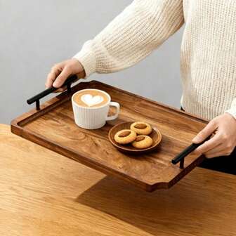 1pc Vintage Wooden Tray With Handle - Woodgrain And Brushed Metal Finish, Minimalist Design. Suitable For Breakfast, Coffee, Snacks, Parties, Dining, Entertainment And Decoration - Vintage Centerpiece, Serving Tray, Platter, Coffee Table Tray And Storage Tray, Ideal Gift For Holidays, Kitchen Accessory, Kitchen Supplies, Decorative Tray (Solid Wood)