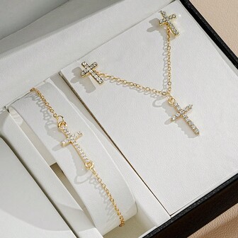 四件套，简约水钻十字架吊坠项链、耳环和手链首饰，适合女性，度假风配饰