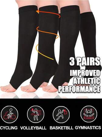 3 Pairs No Zipper Open Toe Sports Compression Socks For Women & Men Suitable For Athletic Running Hiking Cycling Gym