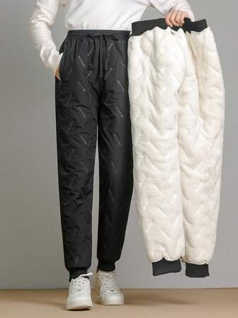 1 pieza Pantalones deportivos para mujer con forro térmico grueso y cálido, con cordón en la cintura, a prueba de viento y aislados, pantalones casuales para invierno