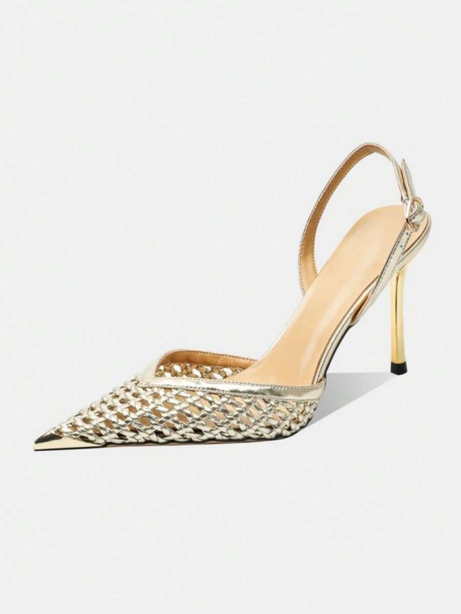 European & American Style Hollow Mesh High Heel Shoes, Breathable Metal Pointed Toe Ankle Strap Woven Stiletto Sandals For Women,Stilettos Heels - Gold - View 1