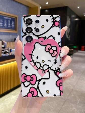 Sanrio 1 pieza Funda de teléfono con patrón de gato KT con forma de corazón y pantalla completa, con recorte preciso para protección de la cámara, adecuada para Samsung, Nothing, Pixel, INFINIX, Redmi