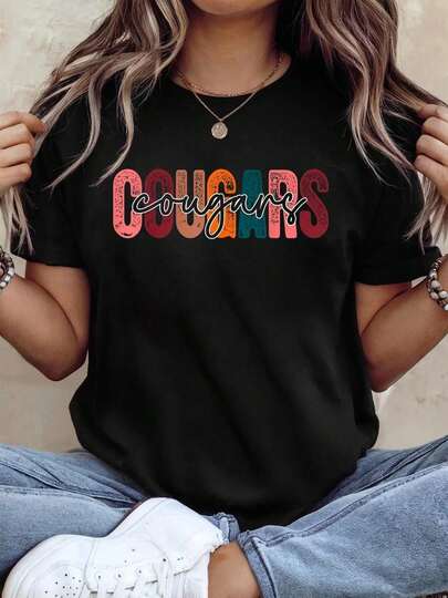 Cougars School Sports Fan Team Spirit T-Shirt Print T-Shirt Casual Crew Neck Short Sleeve Comfort Tee Top For Spring Sum