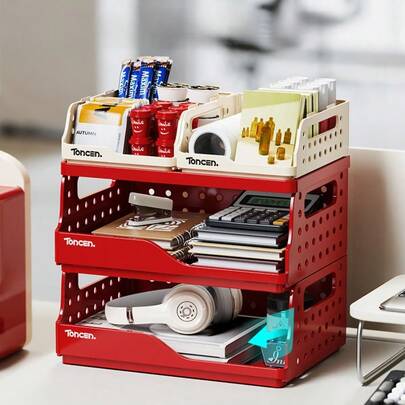 Ins Style Hollow Double-Layer Storage Rack, Minimalist Pegboard With Hooks & Pen Holder, Office Organizer Shelf