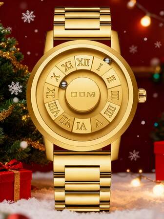 DOM 1pc Men's Vintage Style Bronze-Tone Dial Quartz Water-Resistant Wrist Watch, Unique Magnetic Levitation Technology, Leather Strap And Steel Strap, Suitable For Holiday/Christmas Gifts