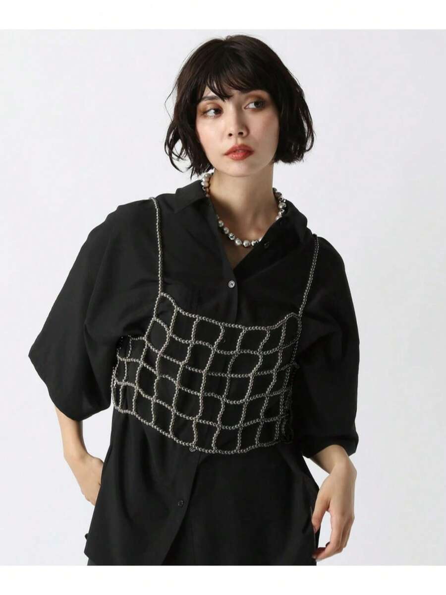 Spring New Arrival:1Pc Casual Fashion Faux Pearl Spaghetti Strap Tank Top Cami Minimalist Beaded Vest Unique Design Allows For Reversible Wear - Silver - View 1