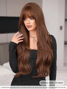 7JHH WIGS 32 Inch Tea Brown Curly Wig For Women,Elegant Extra Long Body Wavy Wig With Bangs,Natural Looking Fluffy Very Soft Synthetic Heat Resistant Fiber Hair,Beautiful Full Machine Hair Wig For Girls Daily, Music Festival Party Street Wear Use,Mother's Day Gifts - 咖啡棕 - 查看 4