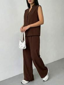 A&DD MODA,REF:Y287 - Women's Solid Color Two-Piece Set, Consisting Of A Sleeveless Vest And Loose-Fitting Trousers, With Upper Body Pockets And Elastic Waistband, Suitable For Daily Outings - Màu nâu Sô-cô-la - Xem 5