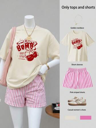 樱桃字母印花女士宽松短袖上衣条纹短裤套装，夏季休闲套装，中国新年，农历新年，马年，春节，新年快乐，情人节，情人节礼物，送给她的情人节礼物