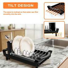 1pcs Expandable Dish Drying Rack For Sink Or Countertop, Compact Stainless Steel Dish Drainer With Removable Utensil Holder - Black - View 10