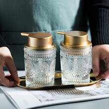 玻璃洗洁精瓶，透明手持液体瓶，配金色塑料泵头，可重复灌装圆形洗洁精瓶，适用于厨房水槽和浴室台面。厨房用品，厨房配件，厨房工具 - 彩色 - 查看 1