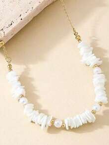 1pc Fashion Asymmetrical Shell Pendant Necklace For Women, Seashell Choker Necklace, Versatile For Vacation & Daily Wear - White - View 9