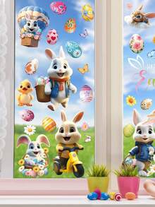 9 Sheets- Easter Window Cling, Larger 3D Easter Bunny Chick Rabbit Window Stickers, Happy Easte R Eggs Flower Spring Window Cling For Home, Office, Birthday Party Decoration Supplies - Multicolor - View 4