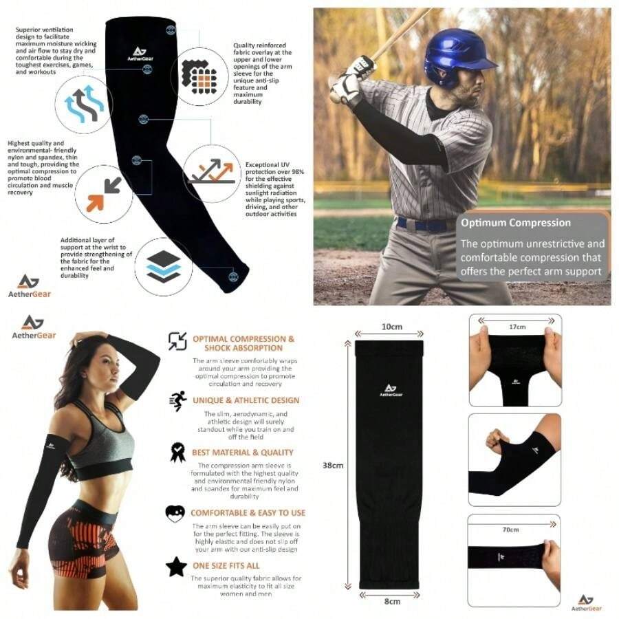 - Funda de compresin para brazo 2 unidades - Hombres y mujeres para baloncesto, voleibol, tenis, bisbol, proteccin - negro - - Ver 1