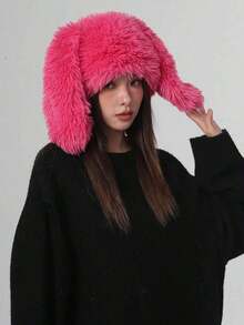 1pc Women's Spring Cute Cartoon Rabbit Ear Decoration Casual Soft Long Fur Warm Hat, Suitable Daily Wear, - 純色 - 查看 9