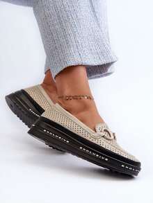 Mocassins élégants en cuir perforé pour femmes, premium, fabriqués en véritable cuir naturel, sur une plateforme confortable avec un ornement attrayant, marque S.Barski, modèle LR750, couleur beige, beige, or, blanc - Doré - Voir 8