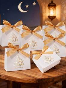 10 CÁI/1 CÁI/Túi quà Eid Mubarak, Túi quà Ramadan có ruy băng Túi đựng quà Eid Mubarak Túi quà Eid cho Ramadan Kareem Đồ dùng cho tiệc Eid Mubarak - Trắng - Kiểu A + Ruy băng vàng - Xem 1