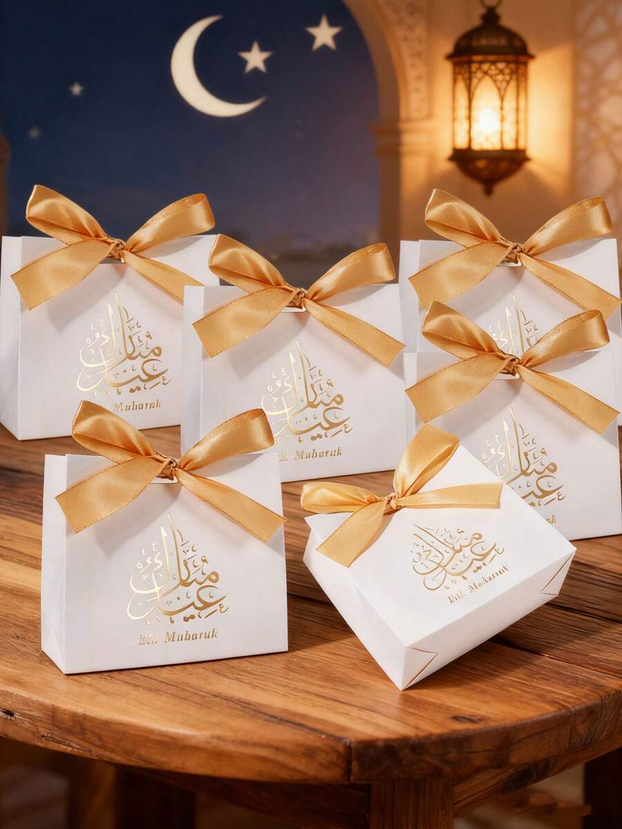 10 CÁI/1 CÁI/Túi quà Eid Mubarak, Túi quà Ramadan có ruy băng Túi đựng quà Eid Mubarak Túi quà Eid cho Ramadan Kareem Đồ dùng cho tiệc Eid Mubarak - Trắng - Kiểu A + Ruy băng vàng - Xem 1