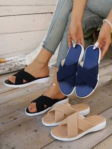 New In Summer, Black Fashionable Versatile Soft-Soled Outer Slippers, Breathable Mesh Sandals, Non-Slip Soft Soles, Versatile Black Cross-Strapped Slippers, Soft Elastic Soles, Super Comfortable To Go Shopping, Fashionable Lazy Sandals, Black Cross Design, Light And Non-Grinding Feet, Wear Non-Slip Slippers, Black Mesh Cross - Blue - View 5