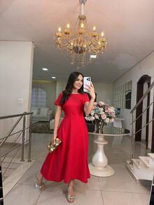 Elegant Midi Dress With A Flowing Drape And Fitted Waist. - 紅色 - 查看 1