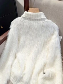 JIANHU Korean Style Fluffy Knit Cardigan - Soft Faux Fur Sweater With Fan-Shaped Ruffle Trim And Pearl Buttons, Comfortable High Collar Jacket, Versatile For Daily Wear, Autumn/Winter - White - View 7