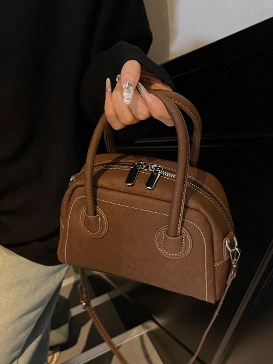 1个复古手提包，小巧的保龄球包风格单肩包，女士款，可调节肩带，波士顿包，适合购物、约会、度假 - 棕色 - 查看 1