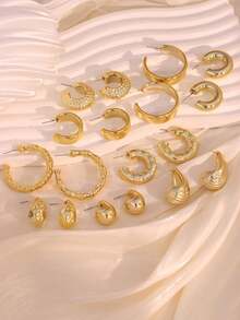 3/9 paires de nouveaux boucles d'oreilles à la mode épaisses en or massif, en forme de goutte d'eau, en forme de C, avec nœud de bambou. Matériau CCB léger, convient pour un port quotidien pour femmes, meilleur cadeau pour les amis et la famille - Doré - Voir 2