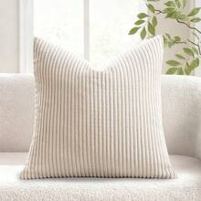 1/2pcs Cream Color Corduroy Striped Decorative Pillow Cover, Sofa Cushion Cover, Office, Living Room - Creamy White - View 9