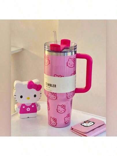  1 pieza Botella de agua aislada de acero inoxidable de 40 onzas de Sanrio Hello Kitty con tapa y pajita - Práctica, solo lavar a mano, excelente para viajes, deportes al aire regalos, perfecta para festivales, rellenar | Diseño divertido | Construcción duradera para la botella de agua de Hello Kitty
