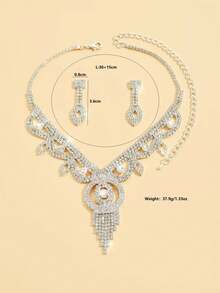 3pcs Fully Rhinestoned Luxury Bridal Jewelry Set - Necklace, Earrings, Suitable For Formal Events - Silver-white - View 9