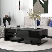 Tempered Glass Coffee Table, Wooden Cocktail Table With High-Gloss UV Surface, Modern 2-Tier Rectangle Center Table For Living Room, Black - 黑色 - 查看 8