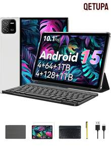 10.1英寸安卓15平板电脑，4GB RAM+64GB ROM，RK3562八核2.0GHz处理器，高清(1280x800) IPS触摸屏，5MP前置摄像头和13MP后置摄像头，6000mAh电池，802.11ac WIFI5 2.4G+5G，蓝牙5.2，GPS，不支持SIM卡，可用于阅读和游戏。